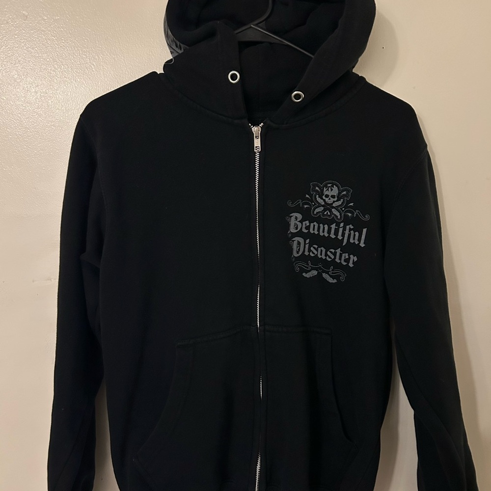 Beautiful Disaster Black Zip Hoodie with Chest Graphic